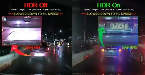 How HDR Technology Helps Your Dashcam Capture Clear License Plates (Even in Tough Lighting) 2 HDR ON and OFF A119 V3