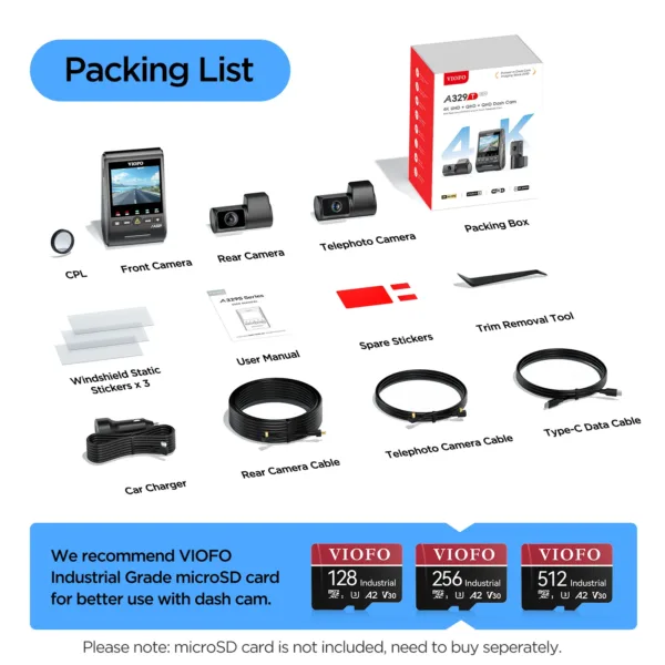 VIOFO A329T 3CH Dash Cam – 4K Front + 2K Telephoto + 2K Rear | Sony Starvis 2 Sensors - Image 2