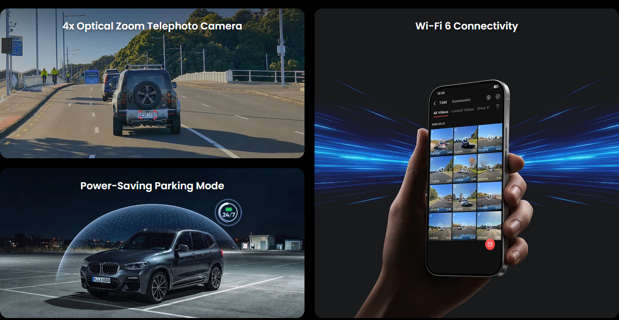 VIOFO T340 4CH 4K Front, Cabin, Telephoto and Rear Dash Cam - dash cam south africa